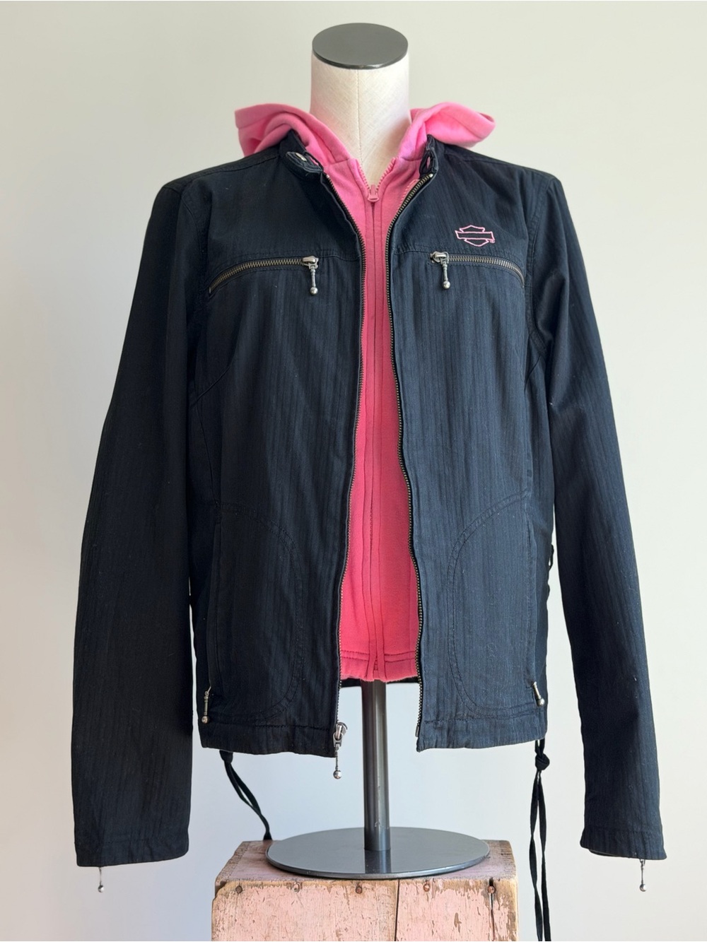 Harley-Davidson Black Bomber Jacket with Pink Hooded Liner